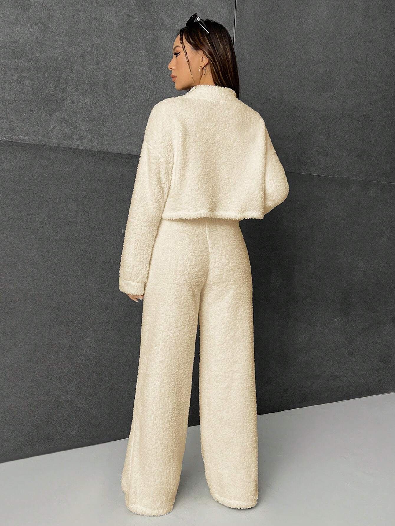 EZwear Mock Neck Drop Shoulder Teddy Pullover & Pants shein