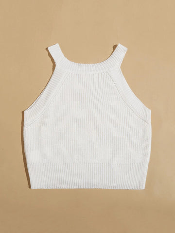 EZwear Ribbed Halter Knit Top shein