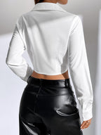 EZwear Solid Button Front Crop Shirt shein