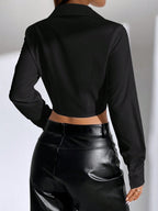 EZwear Solid Button Front Crop Shirt shein