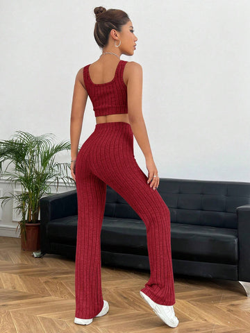 EZwear Solid Crop Tank Top & Flare Leg Pants shein