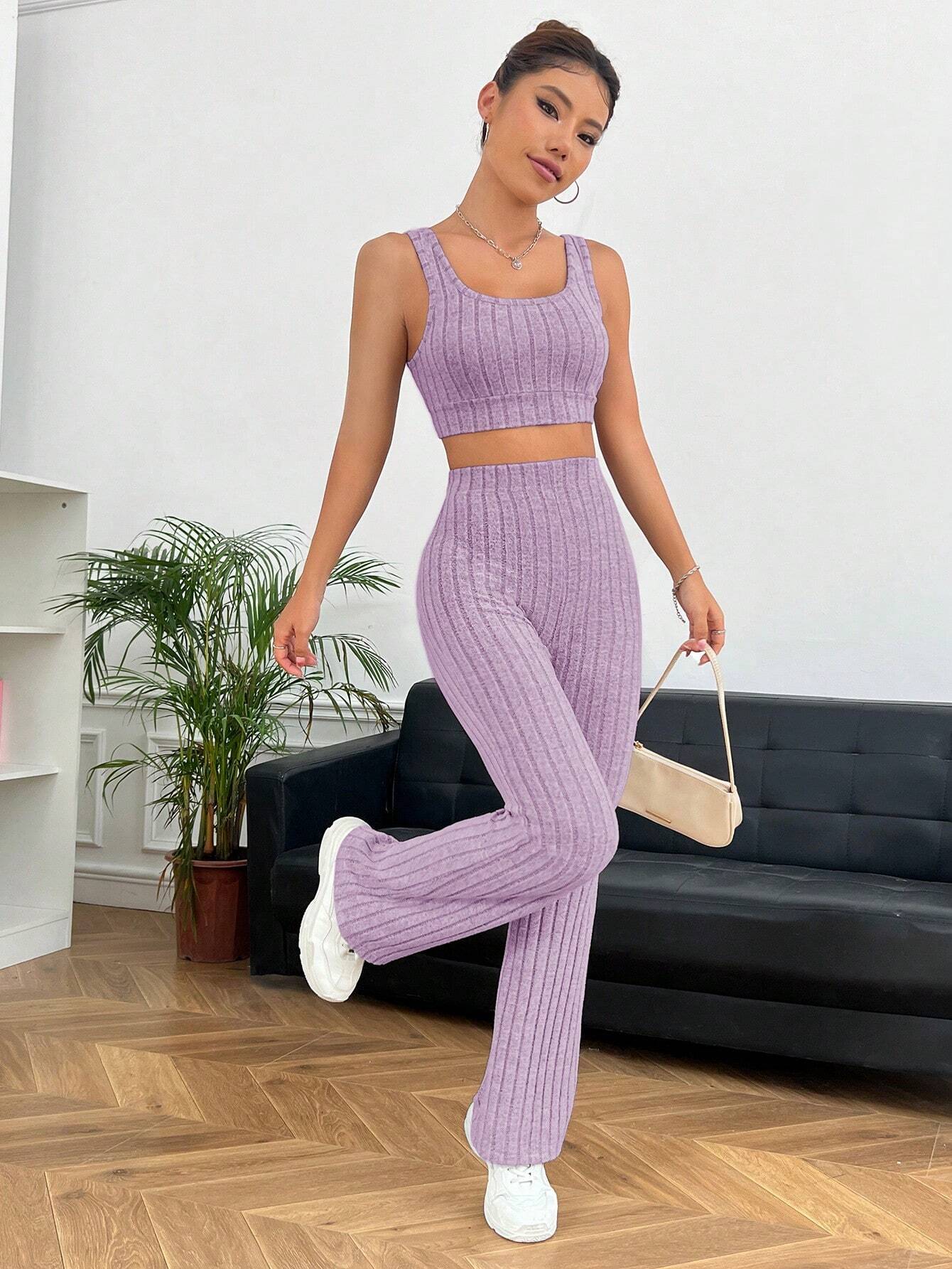 EZwear Solid Crop Tank Top & Flare Leg Pants shein