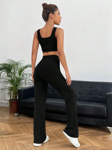 EZwear Solid Crop Tank Top & Flare Leg Pants shein