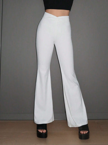 EZwear Solid Flare Leg Pants shein