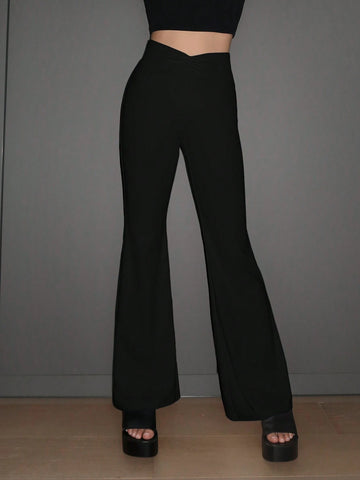 EZwear Solid Flare Leg Pants shein