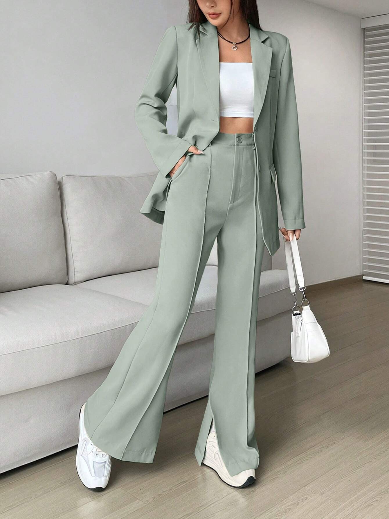 EZwear Solid Lapel Collar Blazer & Split Hem Pants shein