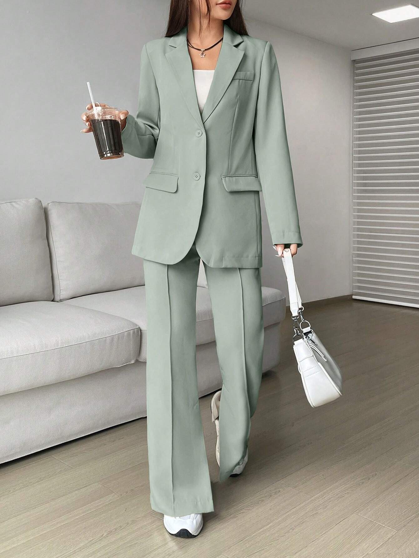 EZwear Solid Lapel Collar Blazer & Split Hem Pants shein