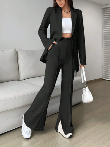 EZwear Solid Lapel Collar Blazer & Split Hem Pants shein