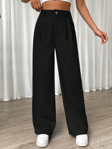 EZwear Solid Wide Leg Pants shein