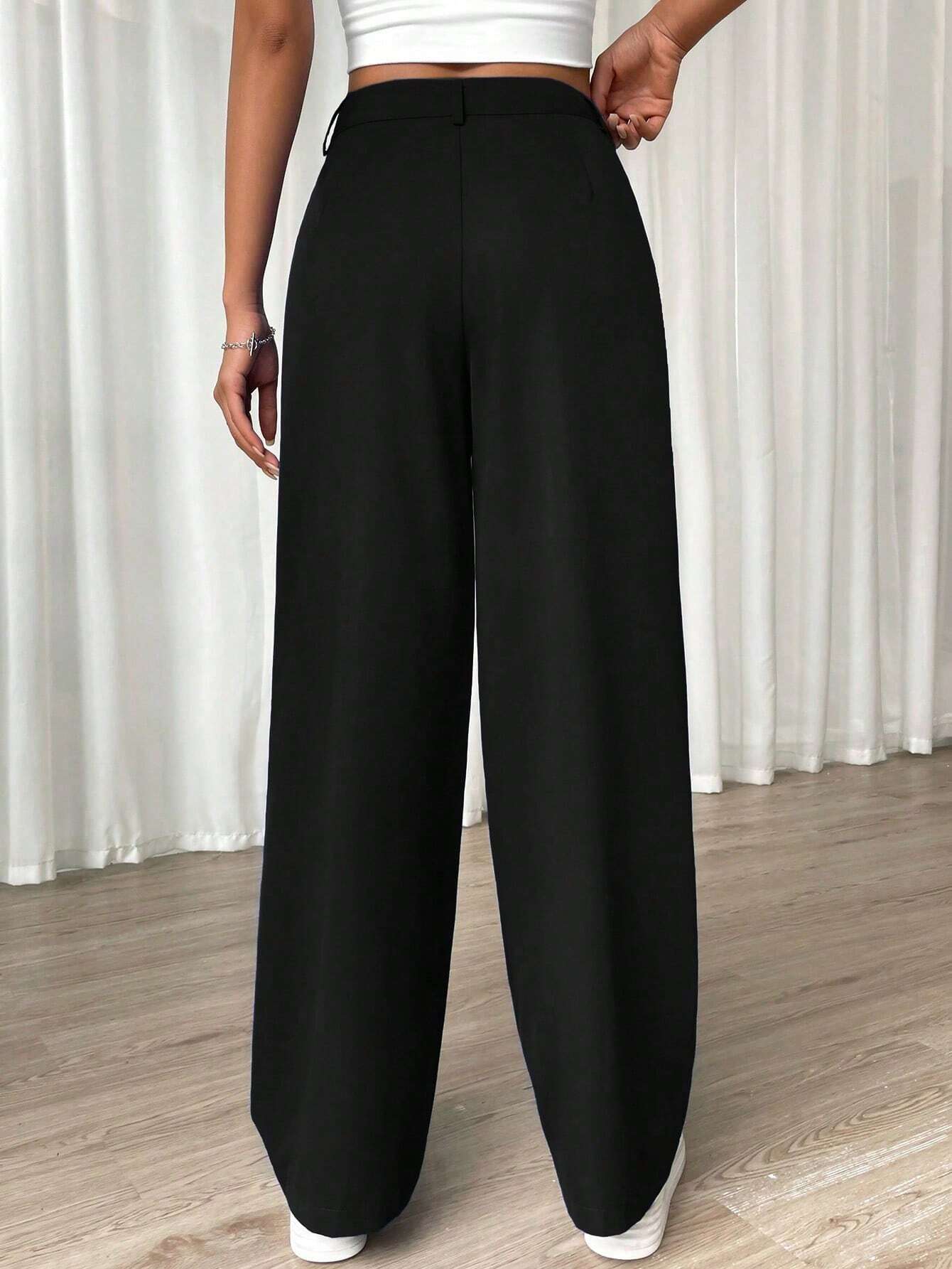 EZwear Solid Wide Leg Pants shein