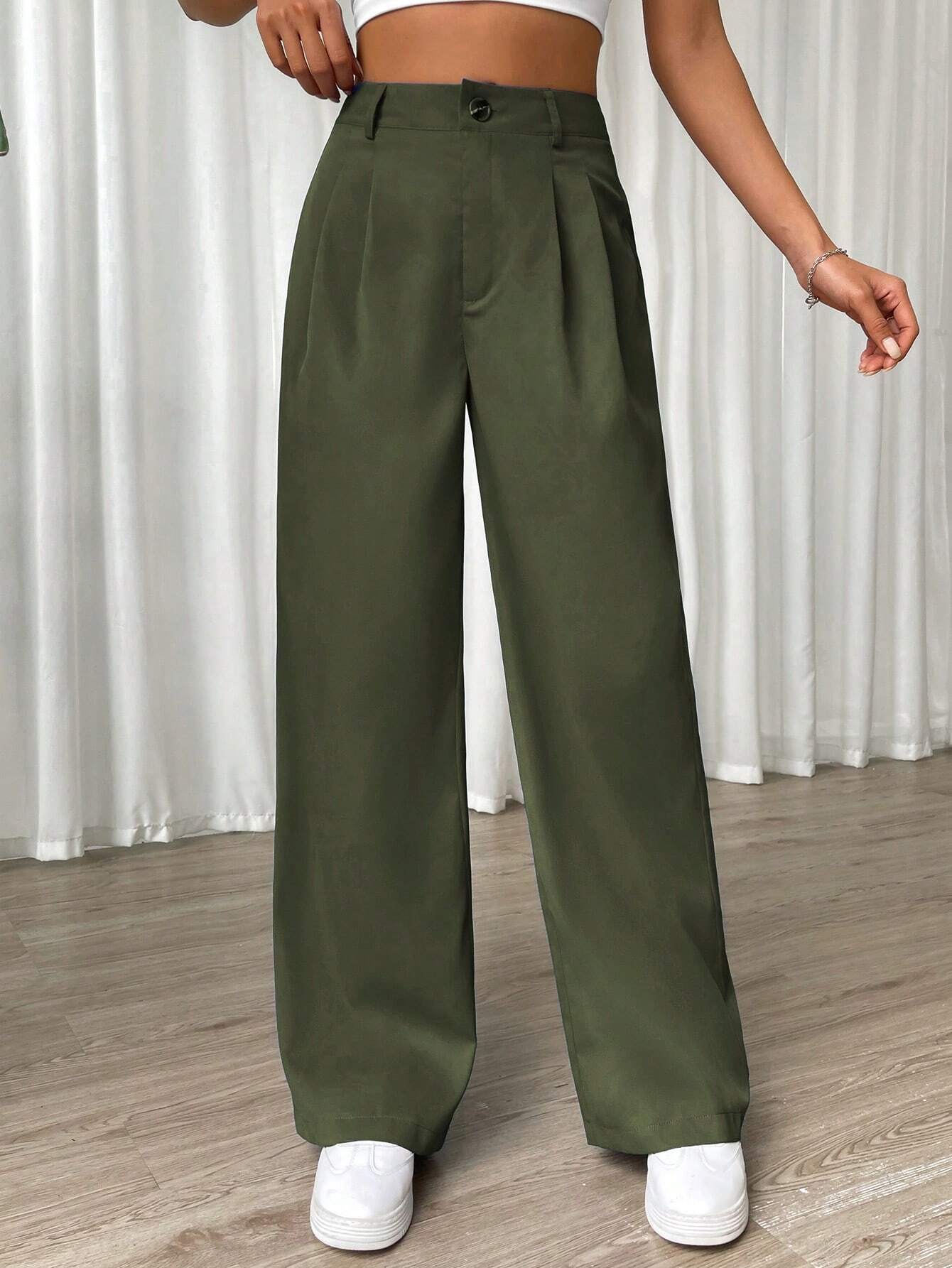 EZwear Solid Wide Leg Pants shein