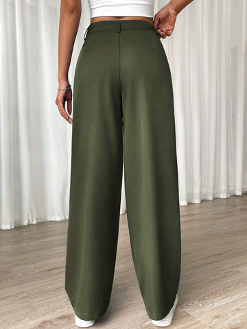 EZwear Solid Wide Leg Pants shein