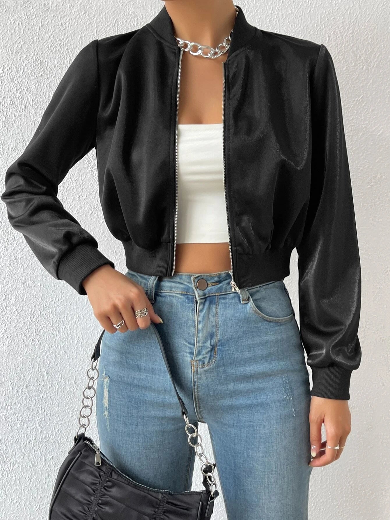 EZwear Solid Zip Up Crop Bomber Jacket shein