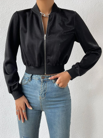 EZwear Solid Zip Up Crop Bomber Jacket shein