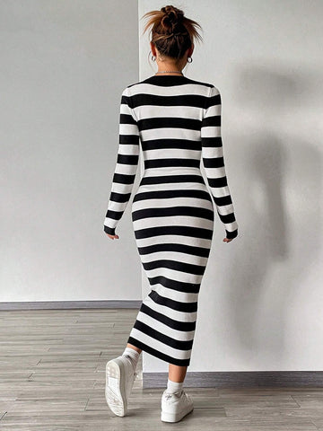 EZwear Striped Pattern Scoop Neck Bodycon Sweater Dress shein