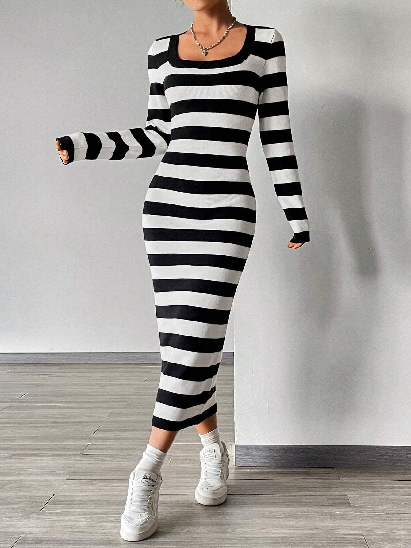 EZwear Striped Pattern Scoop Neck Bodycon Sweater Dress shein