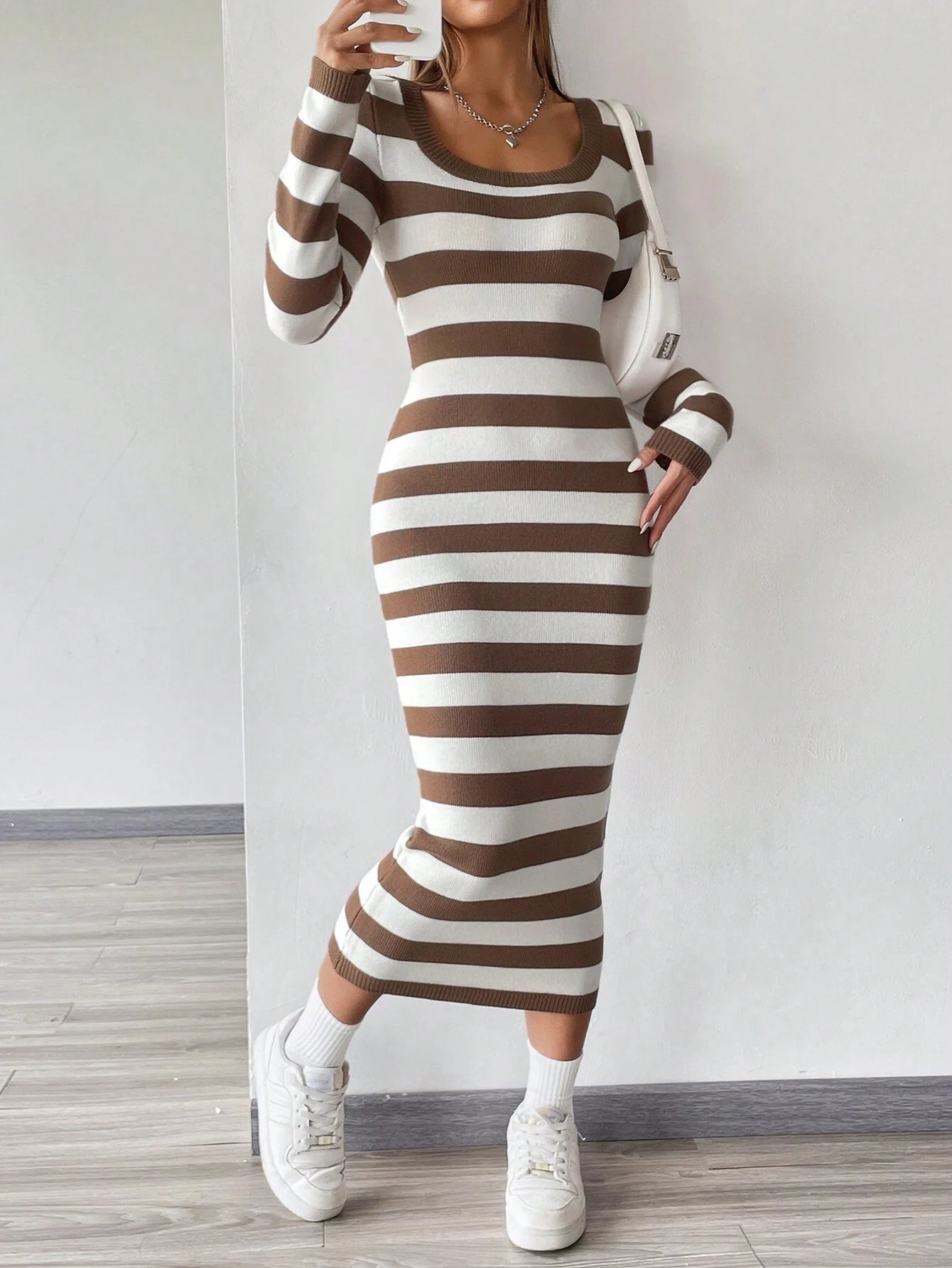 EZwear Striped Pattern Scoop Neck Bodycon Sweater Dress shein