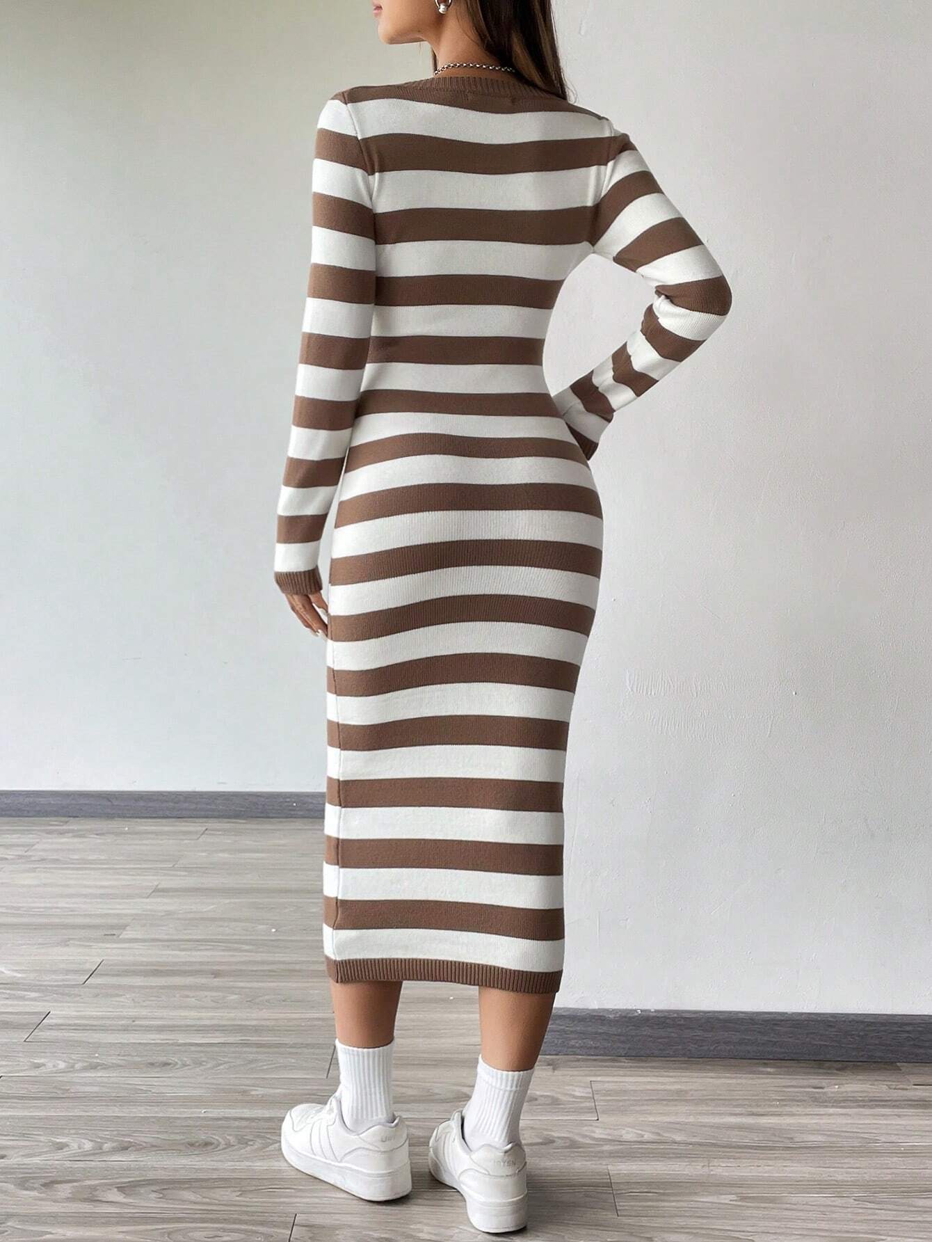 EZwear Striped Pattern Scoop Neck Bodycon Sweater Dress shein