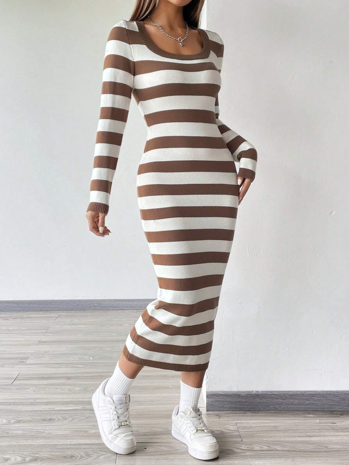 EZwear Striped Pattern Scoop Neck Bodycon Sweater Dress shein