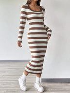 EZwear Striped Pattern Scoop Neck Bodycon Sweater Dress shein