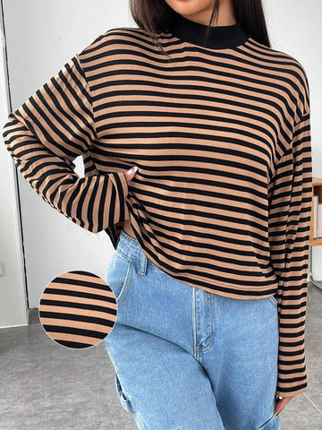 EZwear Striped Print Mock Neck Drop Shoulder Tee shein