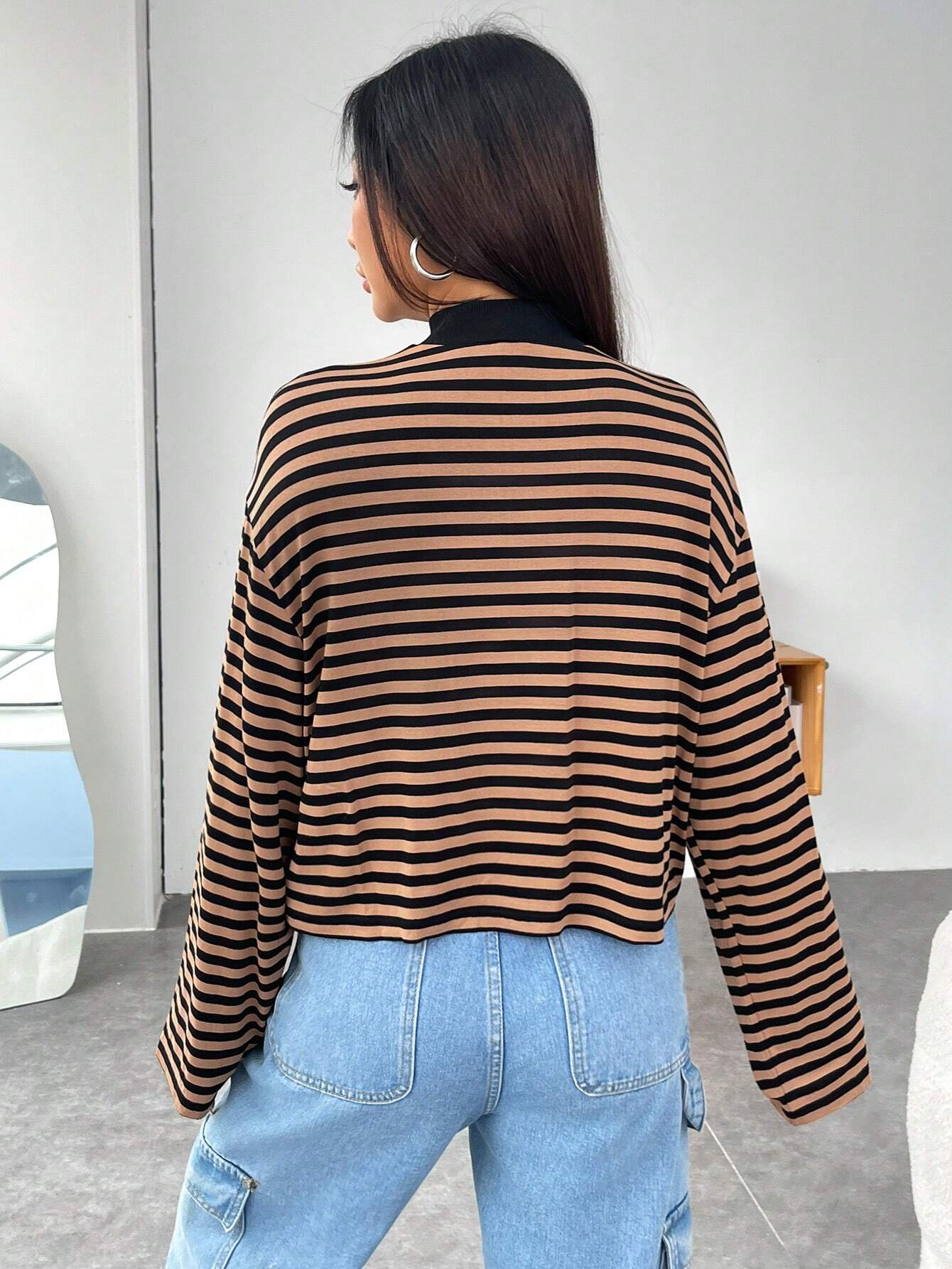 EZwear Striped Print Mock Neck Drop Shoulder Tee shein