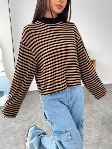 EZwear Striped Print Mock Neck Drop Shoulder Tee shein