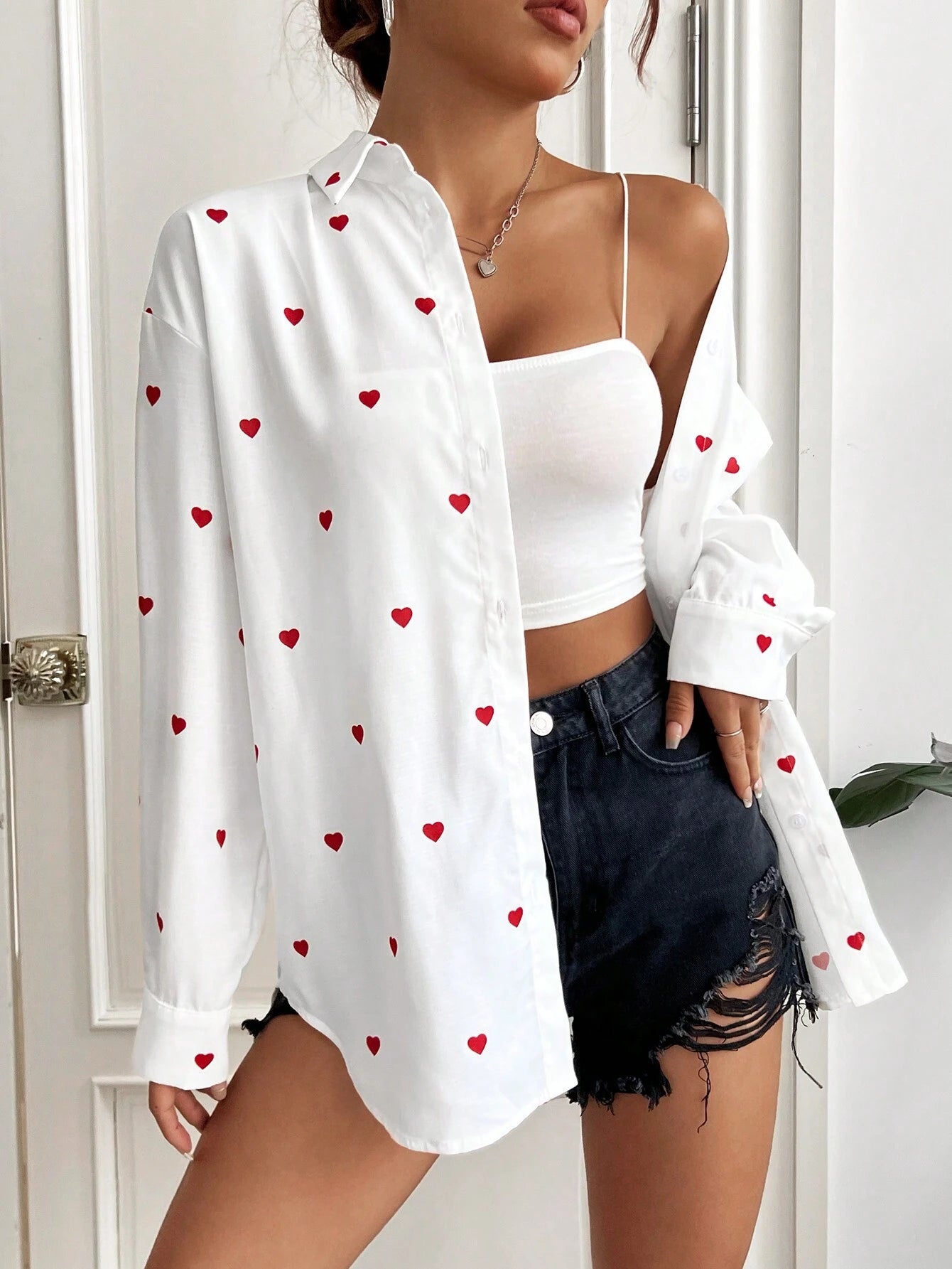 EZwear White Woven Love Drop Shoulder Valentines Shirt shein