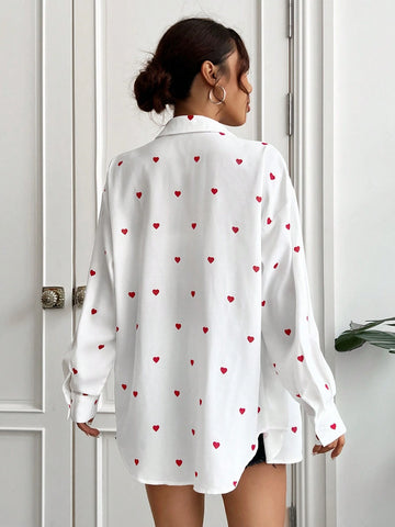 EZwear White Woven Love Drop Shoulder Valentines Shirt shein