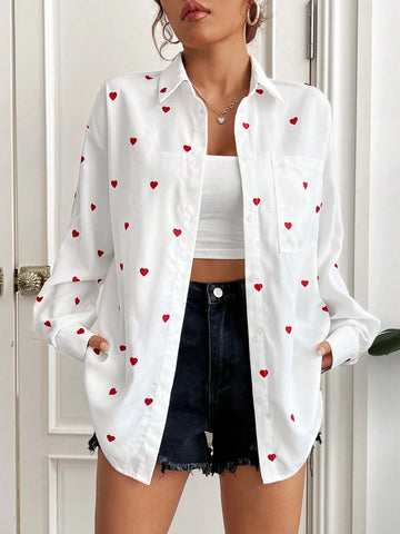 EZwear White Woven Love Drop Shoulder Valentines Shirt shein