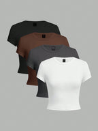 EZwear Women's Casual Solid Color Short Crop Tight-Fitting T-Shirt 4pcs Set shein