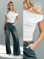Women Casual Solid Color White Asymmetrical Moisture-Wicking Pleated Design Neck T-Shirt shein