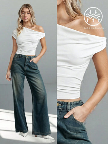 Women Casual Solid Color White Asymmetrical Moisture-Wicking Pleated Design Neck T-Shirt
