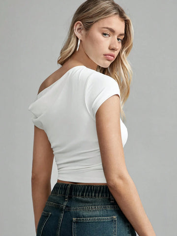 Women Casual Solid Color White Asymmetrical Moisture-Wicking Pleated Design Neck T-Shirt