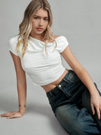 Women Casual Solid Color White Asymmetrical Moisture-Wicking Pleated Design Neck T-Shirt shein