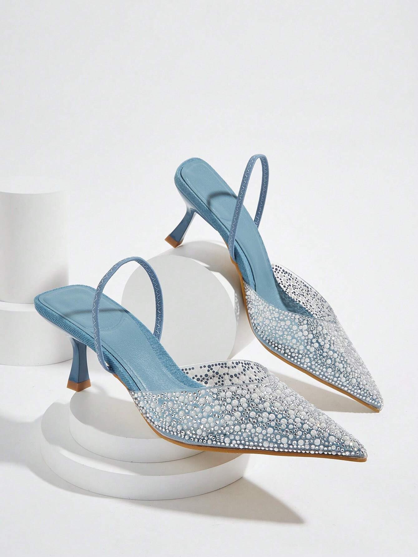 Elegant High Heel Sandals With Pointed Toe, Pearl & Rhinestone Detail, Ankle Strap shein