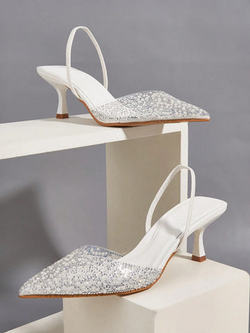 Elegant High Heel Sandals With Pointed Toe, Pearl & Rhinestone Detail, Ankle Strap shein