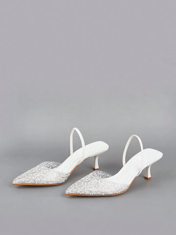 Elegant High Heel Sandals With Pointed Toe, Pearl & Rhinestone Detail, Ankle Strap shein