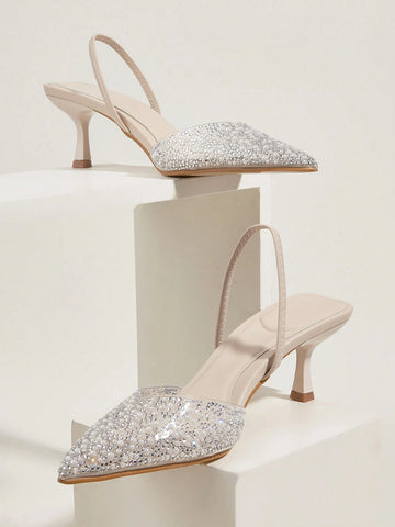 Elegant High Heel Sandals With Pointed Toe, Pearl & Rhinestone Detail, Ankle Strap shein