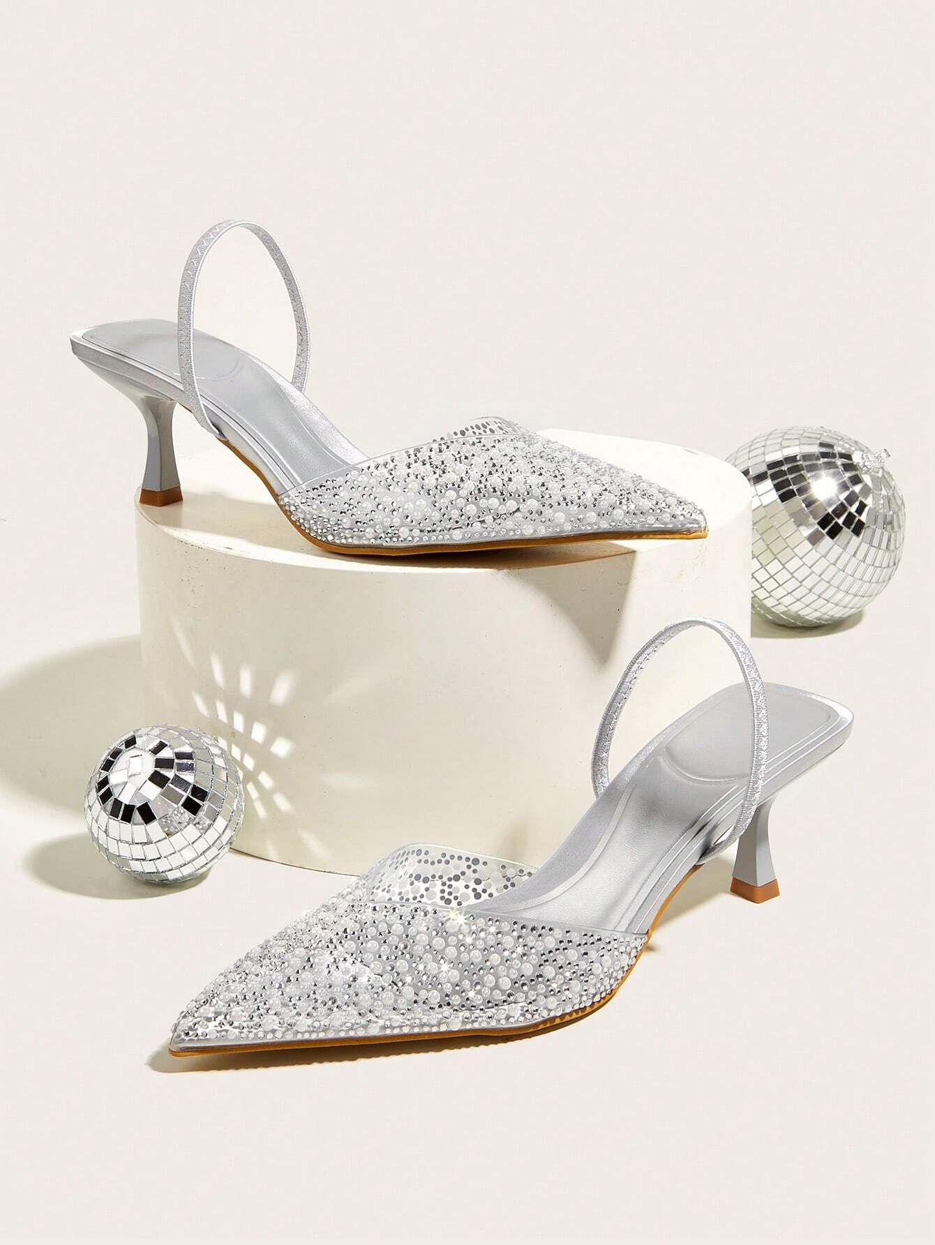 Elegant High Heel Sandals With Pointed Toe, Pearl & Rhinestone Detail, Ankle Strap shein