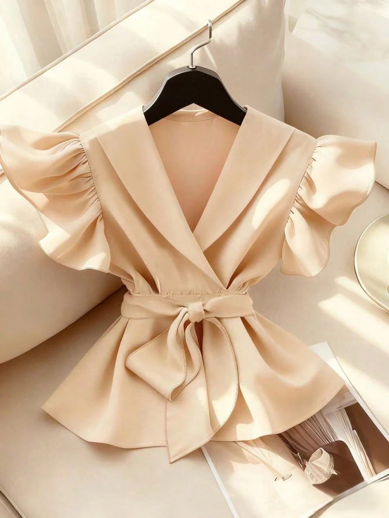 Elegant V-Neck Solid Color Ruffle Sleeve Tie Waist Shirt With Sash shein