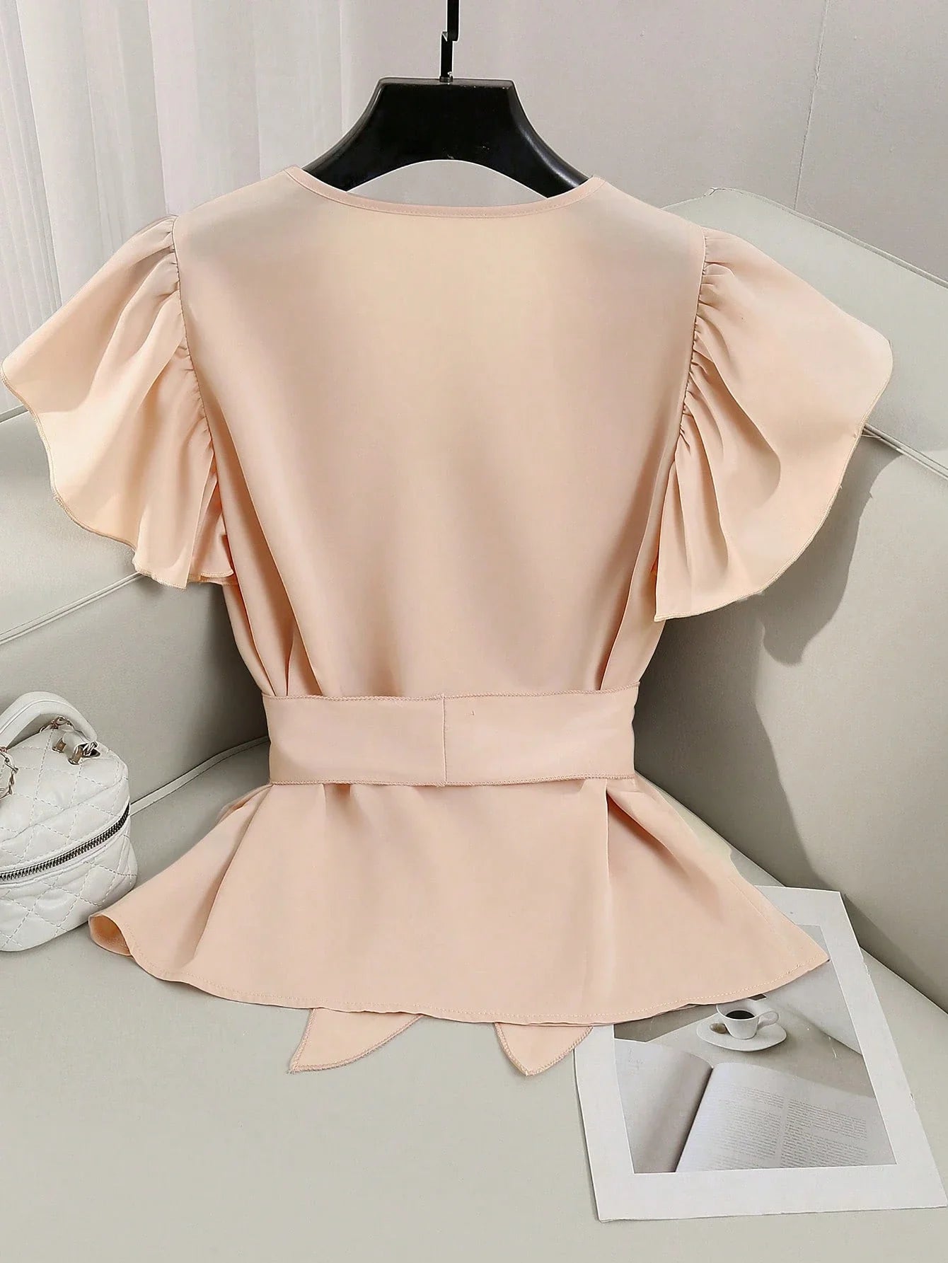 Elegant V-Neck Solid Color Ruffle Sleeve Tie Waist Shirt With Sash shein