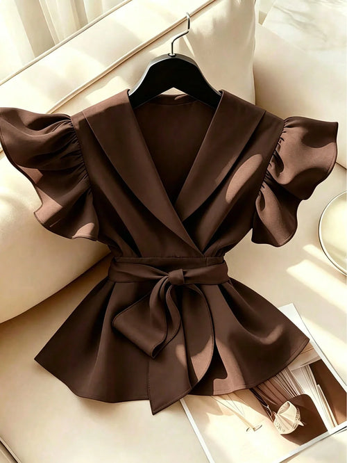 Elegant V-Neck Solid Color Ruffle Sleeve Tie Waist Shirt With Sash shein