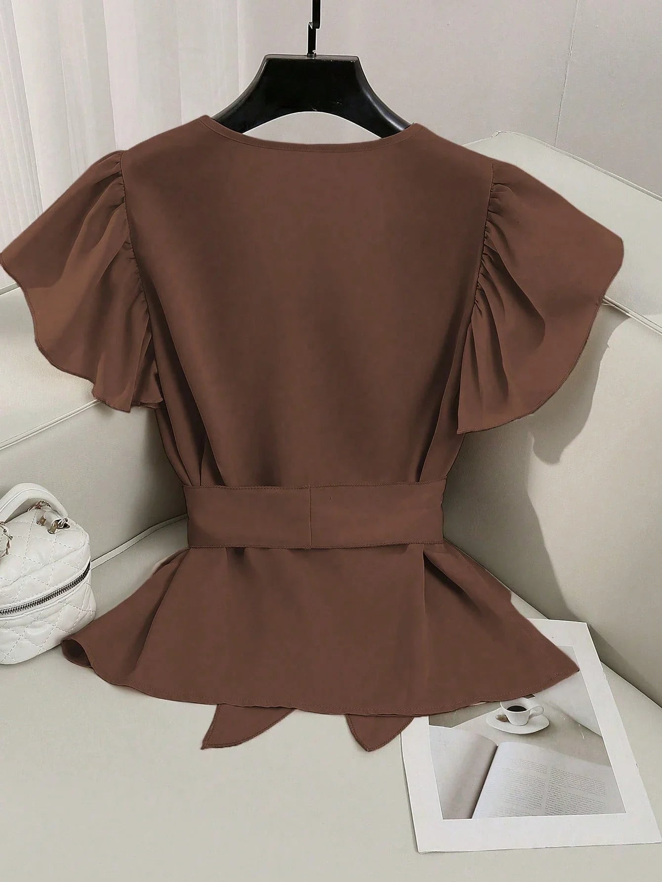 Elegant V-Neck Solid Color Ruffle Sleeve Tie Waist Shirt With Sash shein