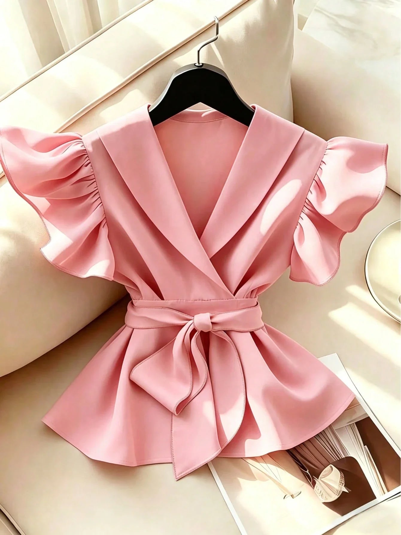 Elegant V-Neck Solid Color Ruffle Sleeve Tie Waist Shirt With Sash shein