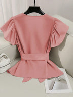 Elegant V-Neck Solid Color Ruffle Sleeve Tie Waist Shirt With Sash shein
