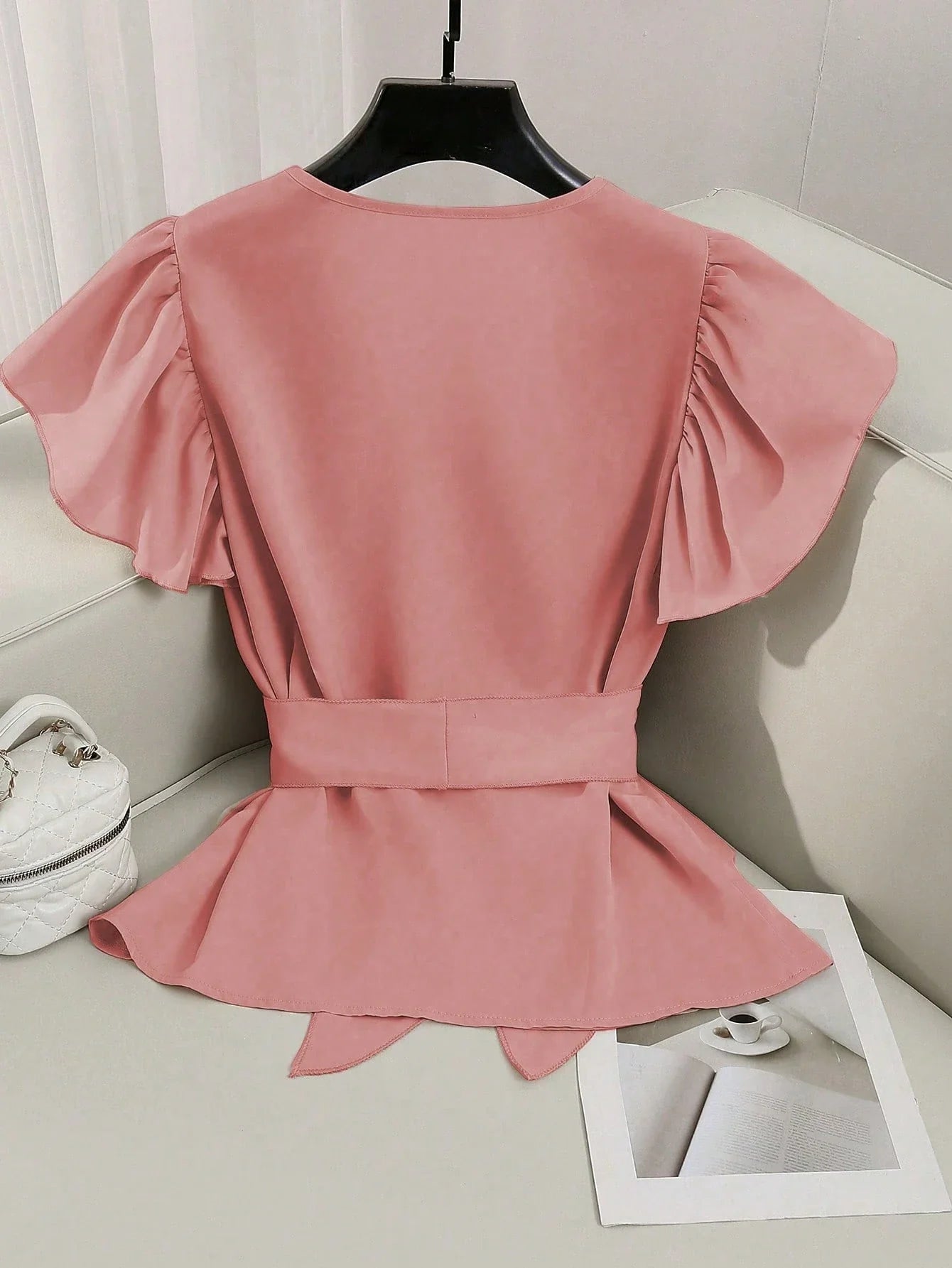 Elegant V-Neck Solid Color Ruffle Sleeve Tie Waist Shirt With Sash shein