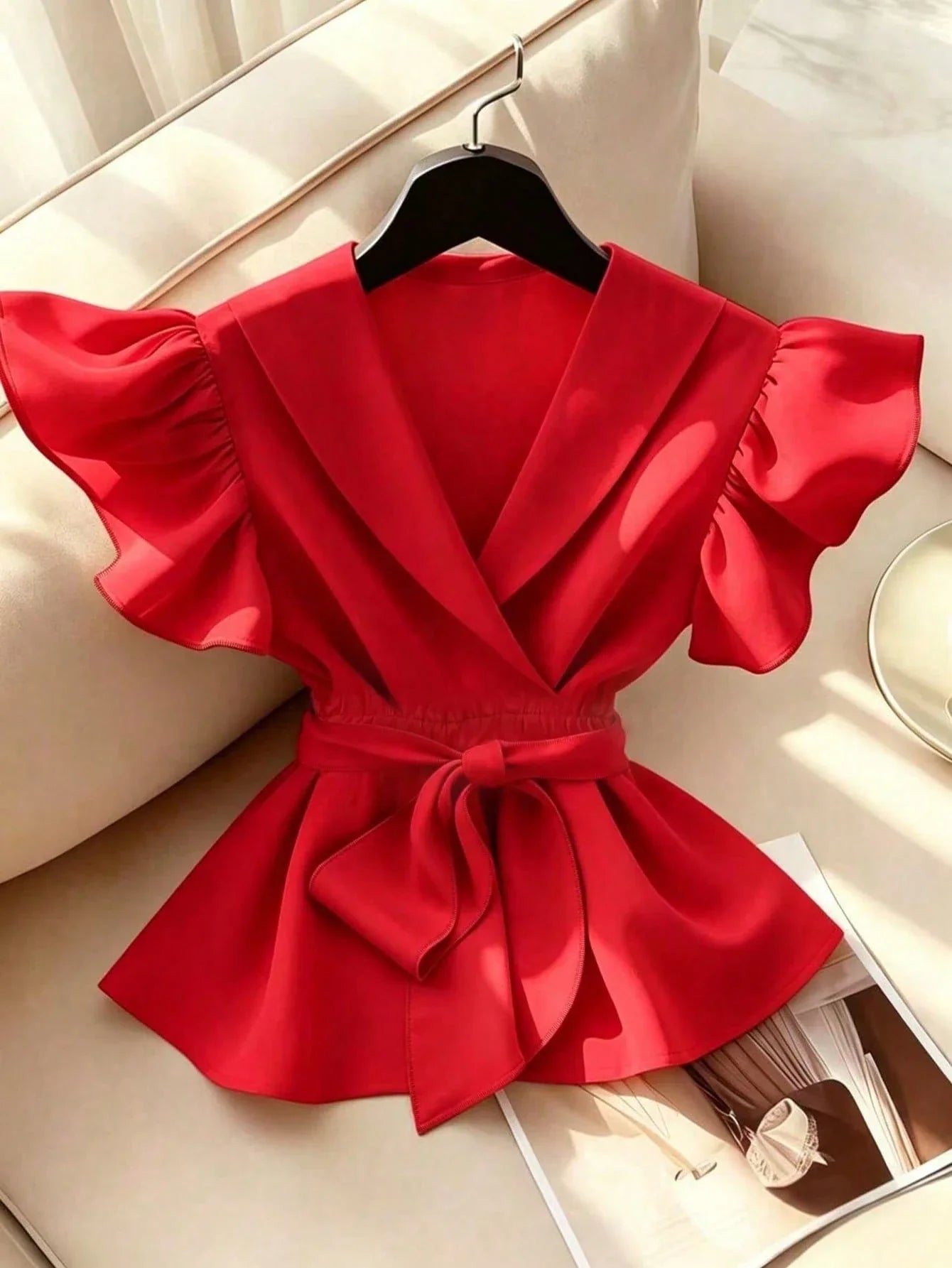 Elegant V-Neck Solid Color Ruffle Sleeve Tie Waist Shirt With Sash shein