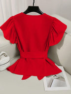 Elegant V-Neck Solid Color Ruffle Sleeve Tie Waist Shirt With Sash shein