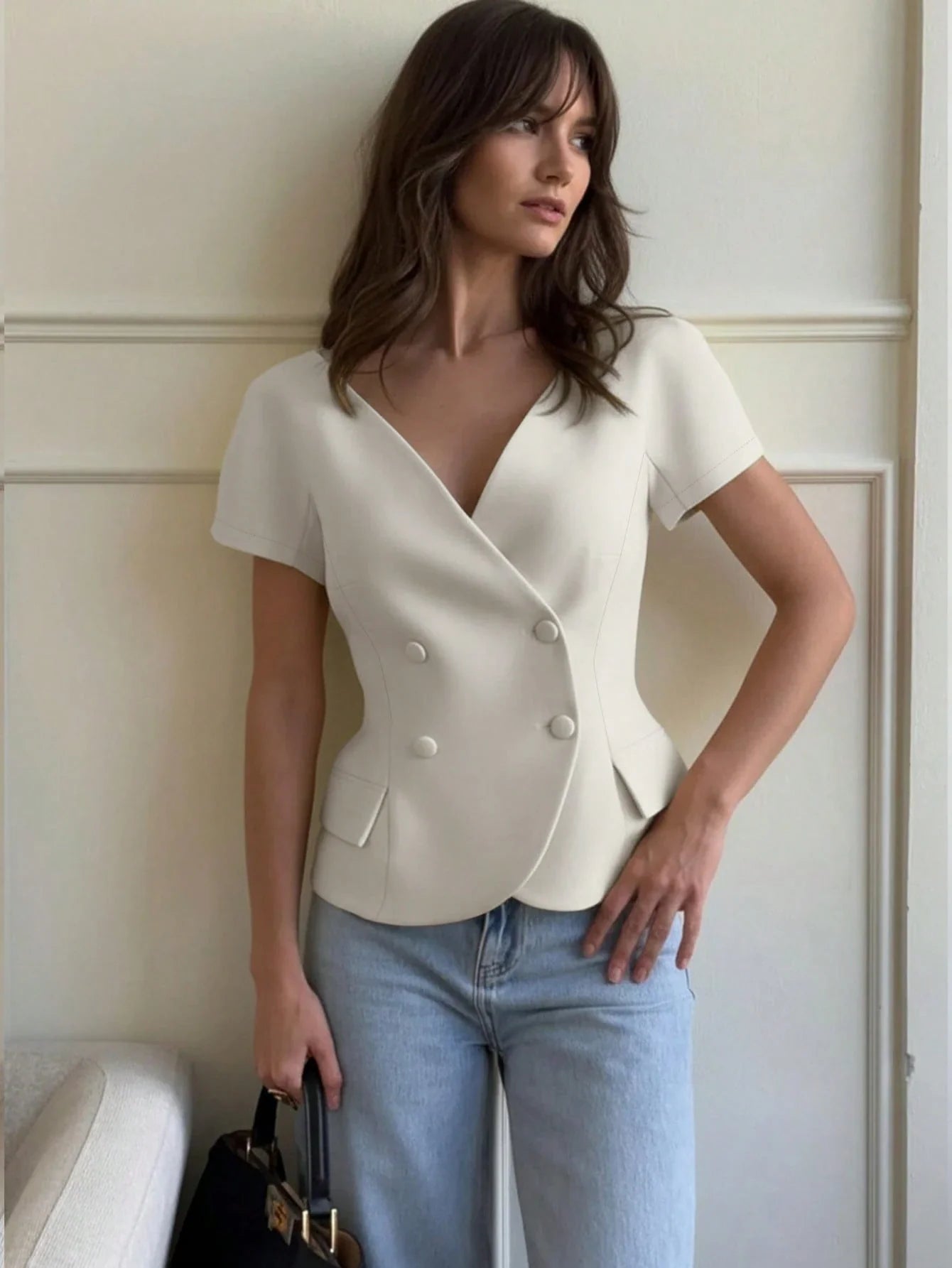 V-Neck Short Sleeve Double-Breasted Front Closure Blouse shein